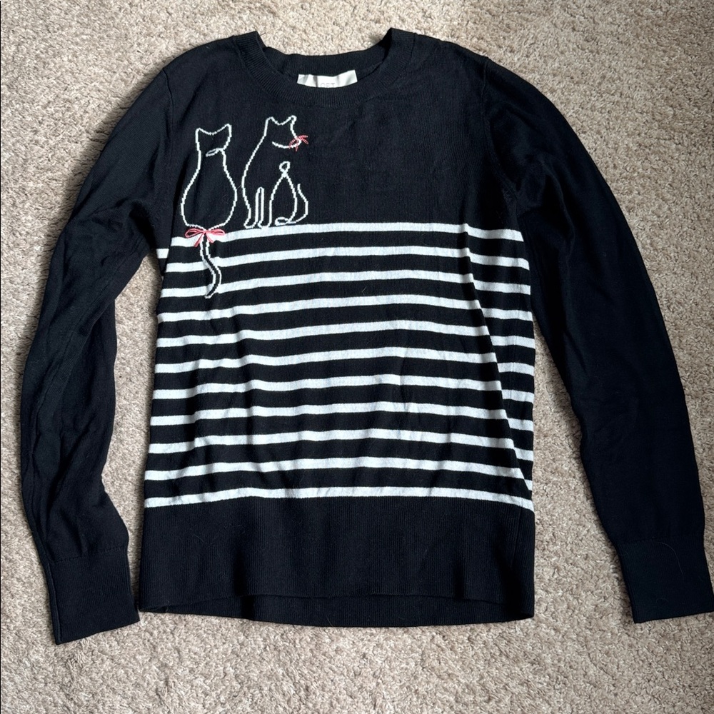 LOFT Black and White Sweater Cat Graphic